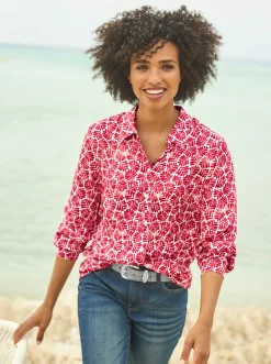 Blusen|heine Druckbluse in Satin-Qualität rot-ecru-bedruckt