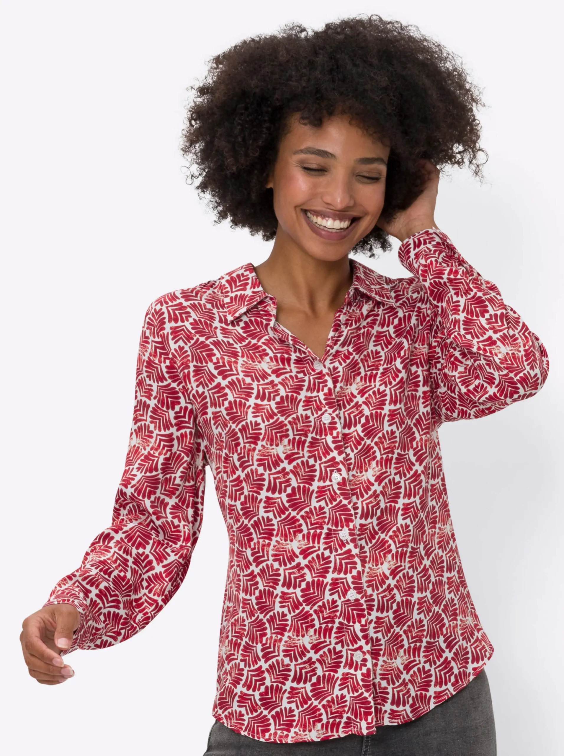 Blusen|heine Druckbluse in Satin-Qualität rot-ecru-bedruckt