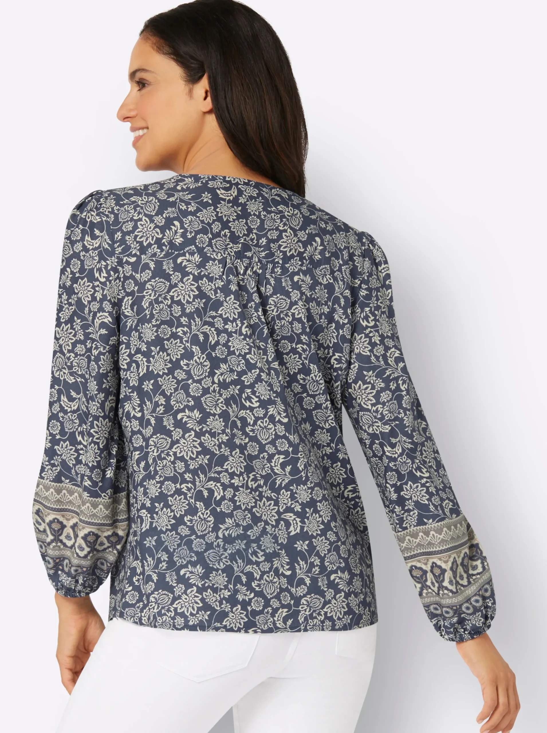 Blusen| Druckbluse in Tunikaform rauchblau-champagner-bedruckt