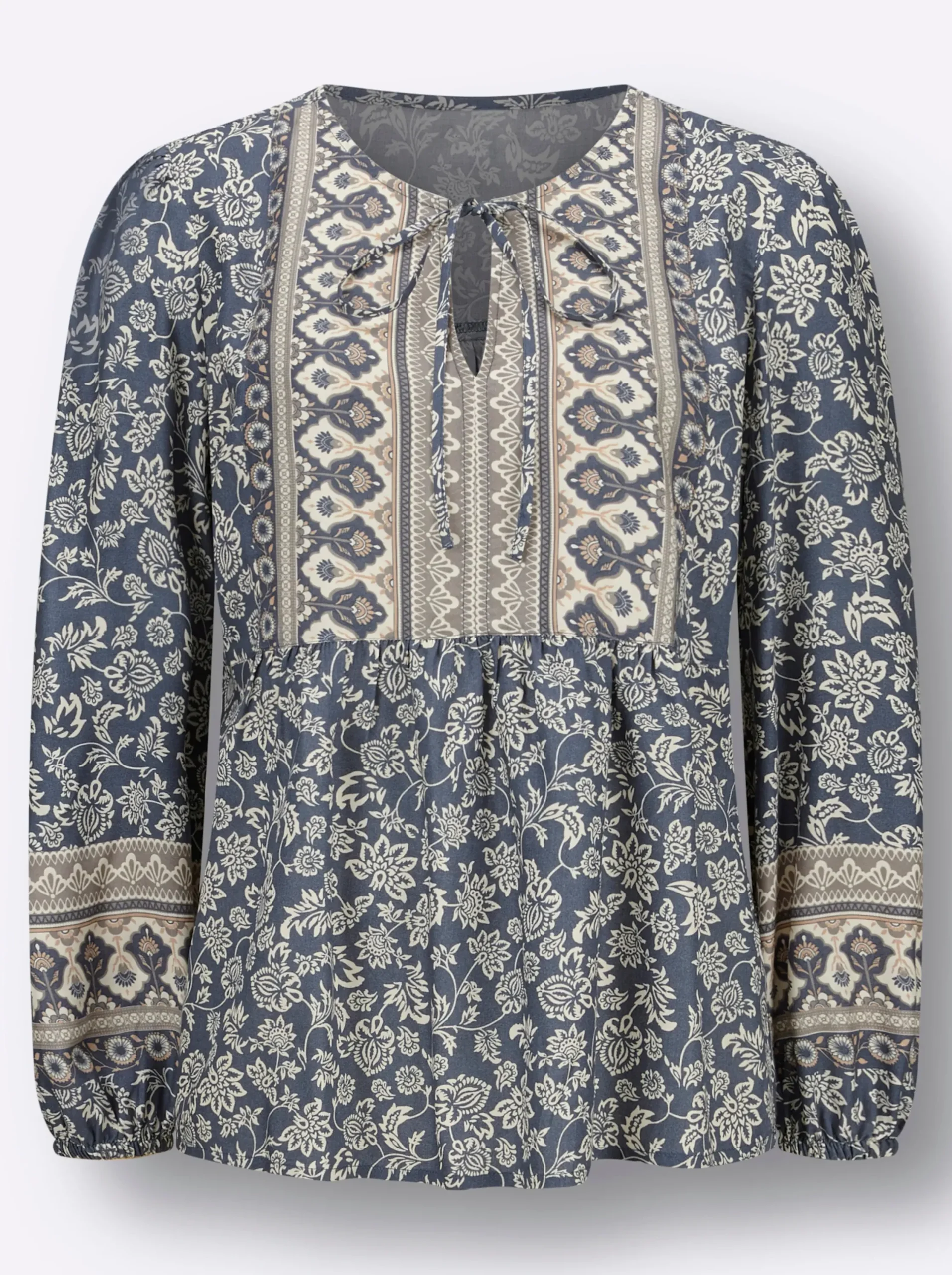 Blusen| Druckbluse in Tunikaform rauchblau-champagner-bedruckt