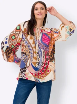 Strandmode|Blusen|heine Druckbluse mit Ballonärmeln champagner-royalblau-bedruckt