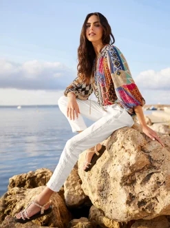 Strandmode|Blusen|heine Druckbluse mit Ballonärmeln champagner-royalblau-bedruckt