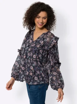 Blusen|heine Druckbluse mit blickdichtem Top marine-mittelblau-bedruckt