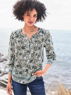 Blusen|heine Druckbluse mit Bordüren-Dessin khaki-aqua-bedruckt