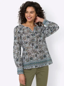 Blusen|heine Druckbluse mit Bordüren-Dessin khaki-aqua-bedruckt