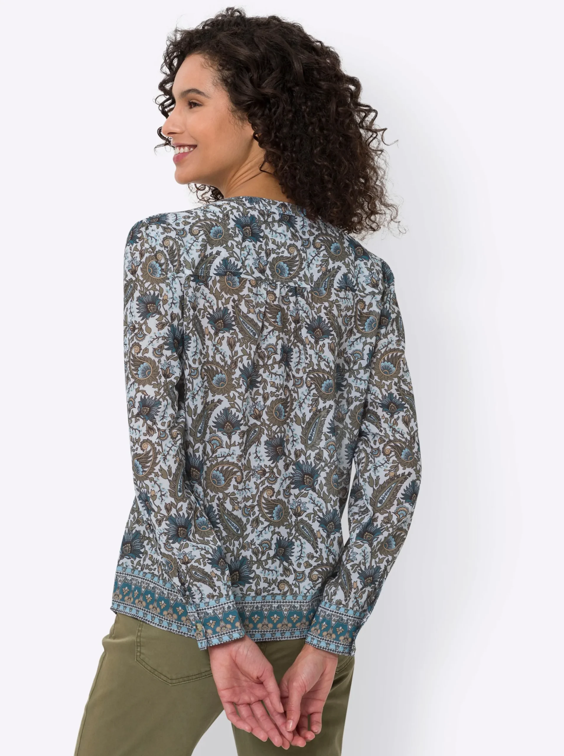 Blusen|heine Druckbluse mit Bordüren-Dessin khaki-aqua-bedruckt