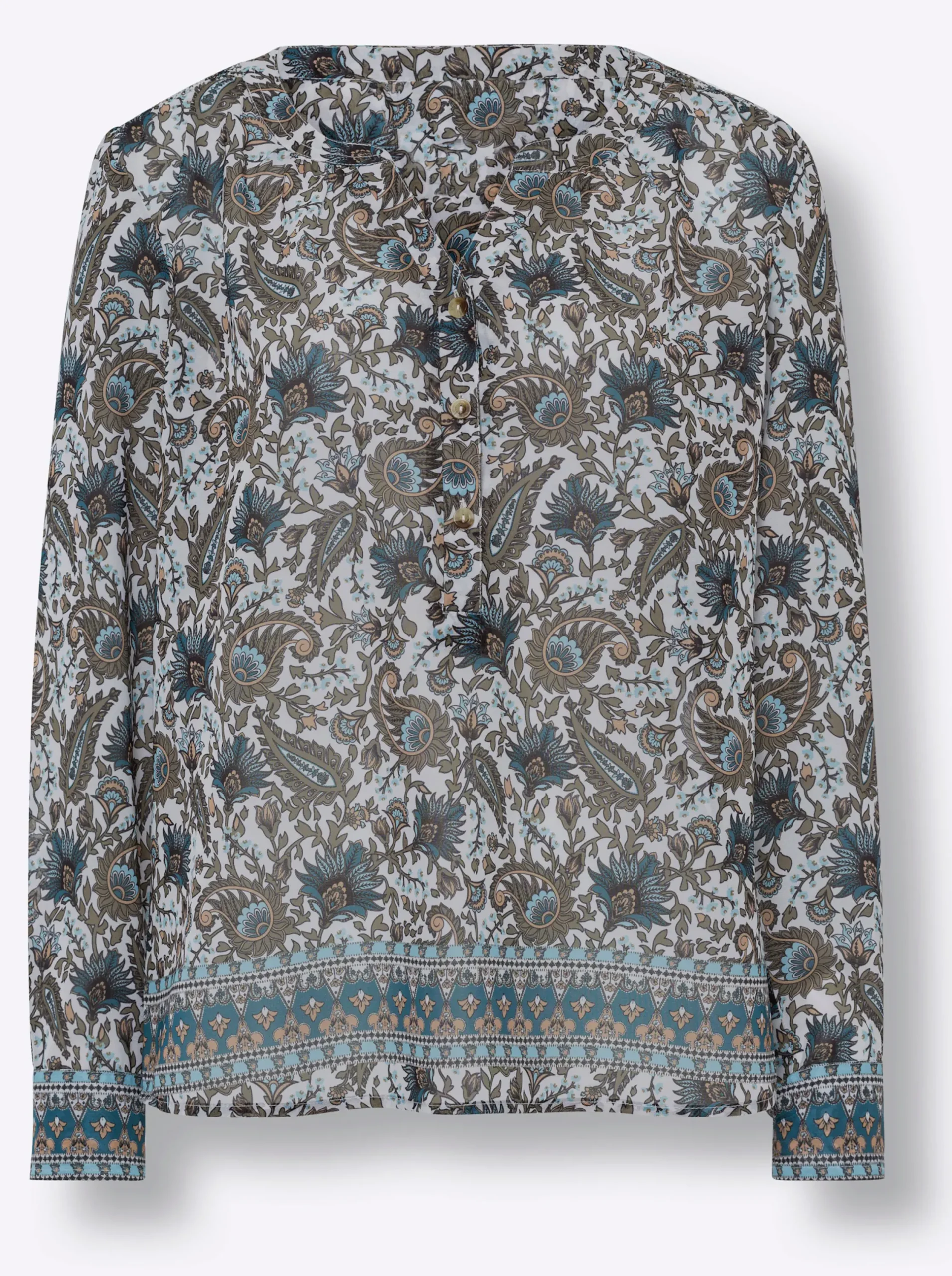 Blusen|heine Druckbluse mit Bordüren-Dessin khaki-aqua-bedruckt