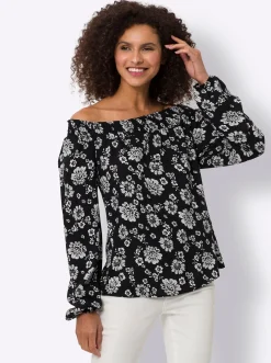 Blusen|heine Druckbluse mit Carmen-Ausschnitt schwarz-champagner-bedruckt