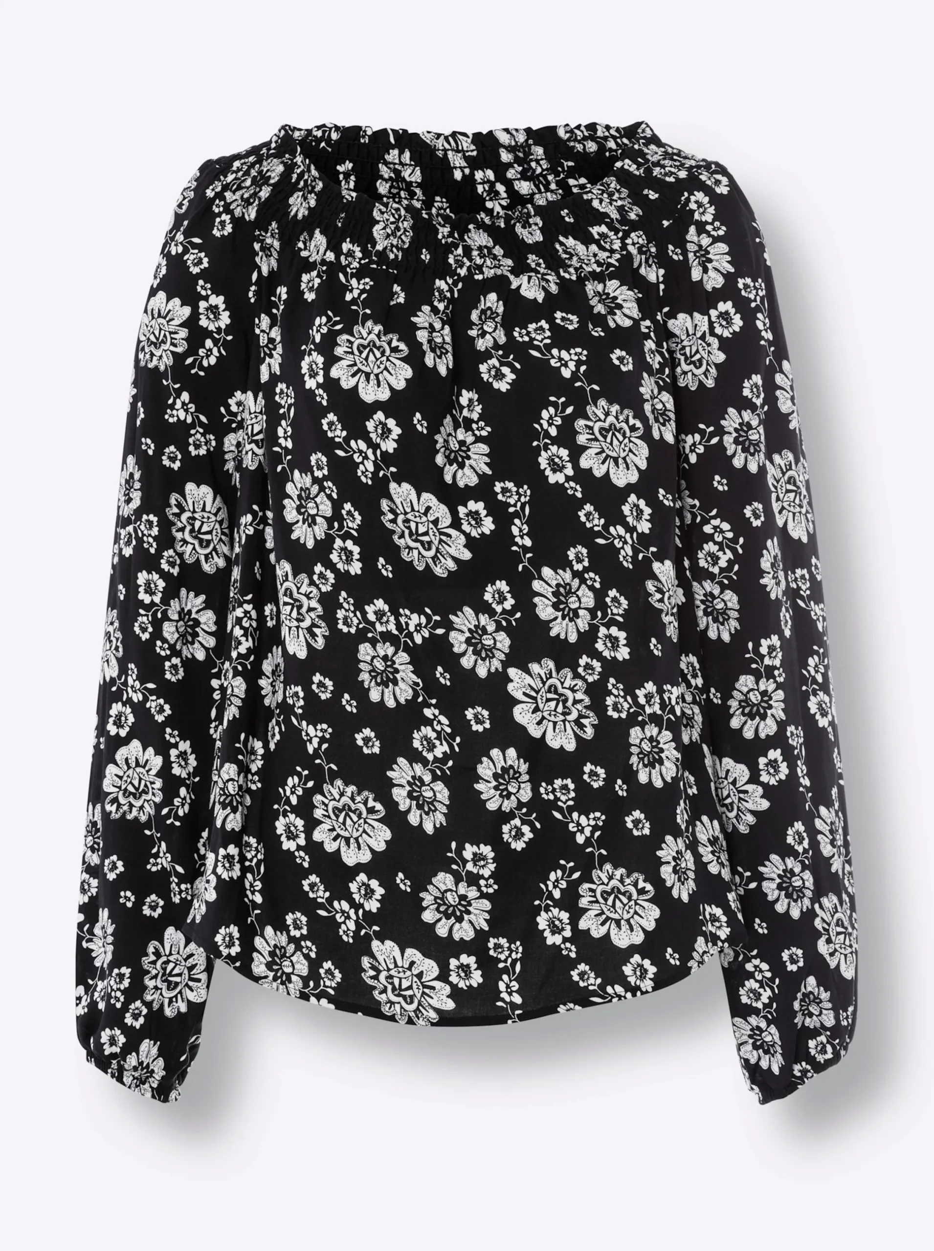 Blusen|heine Druckbluse mit Carmen-Ausschnitt schwarz-champagner-bedruckt