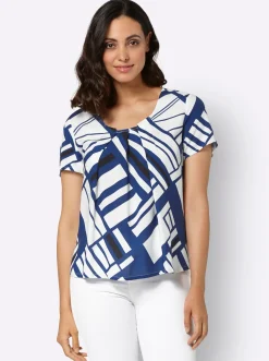 Blusen| Druckbluse mit Falten am Ausschnitt royalblau-ecru-bedruckt