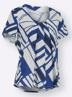 Blusen| Druckbluse mit Falten am Ausschnitt royalblau-ecru-bedruckt