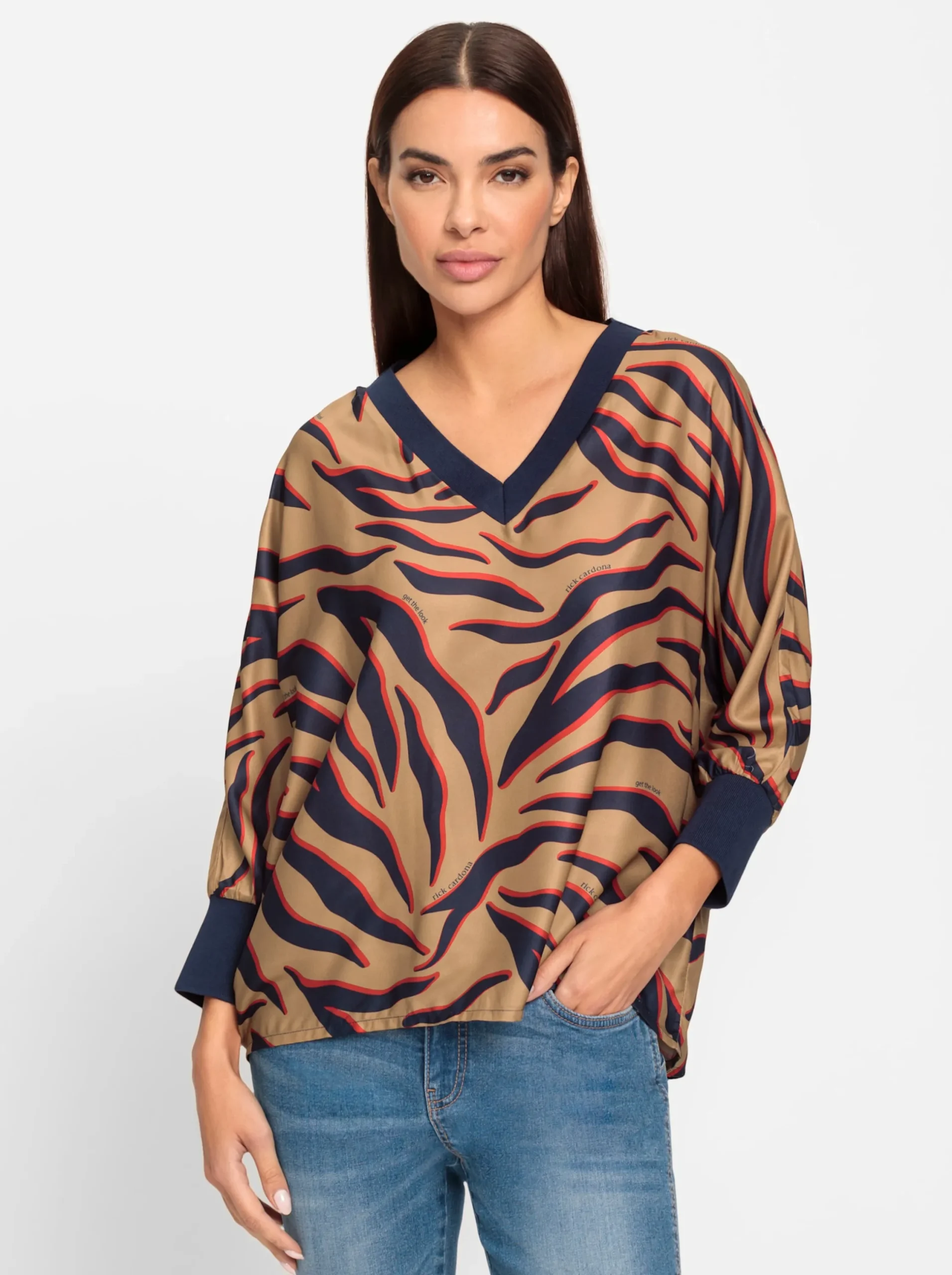 Blusen|heine Druckbluse mit Fledermaus-Ärmel camel-marine-bedruckt