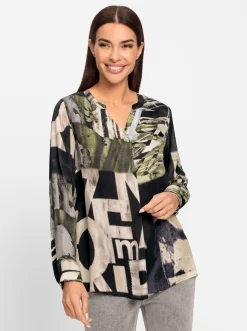 Blusen|heine Druckbluse mit Glitzer-Details sand-khaki-bedruckt