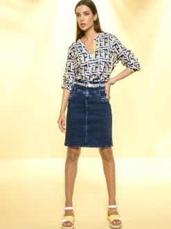 Blusen|heine Druckbluse mit Knopfmanschetten weiß-royalblau-bedruckt
