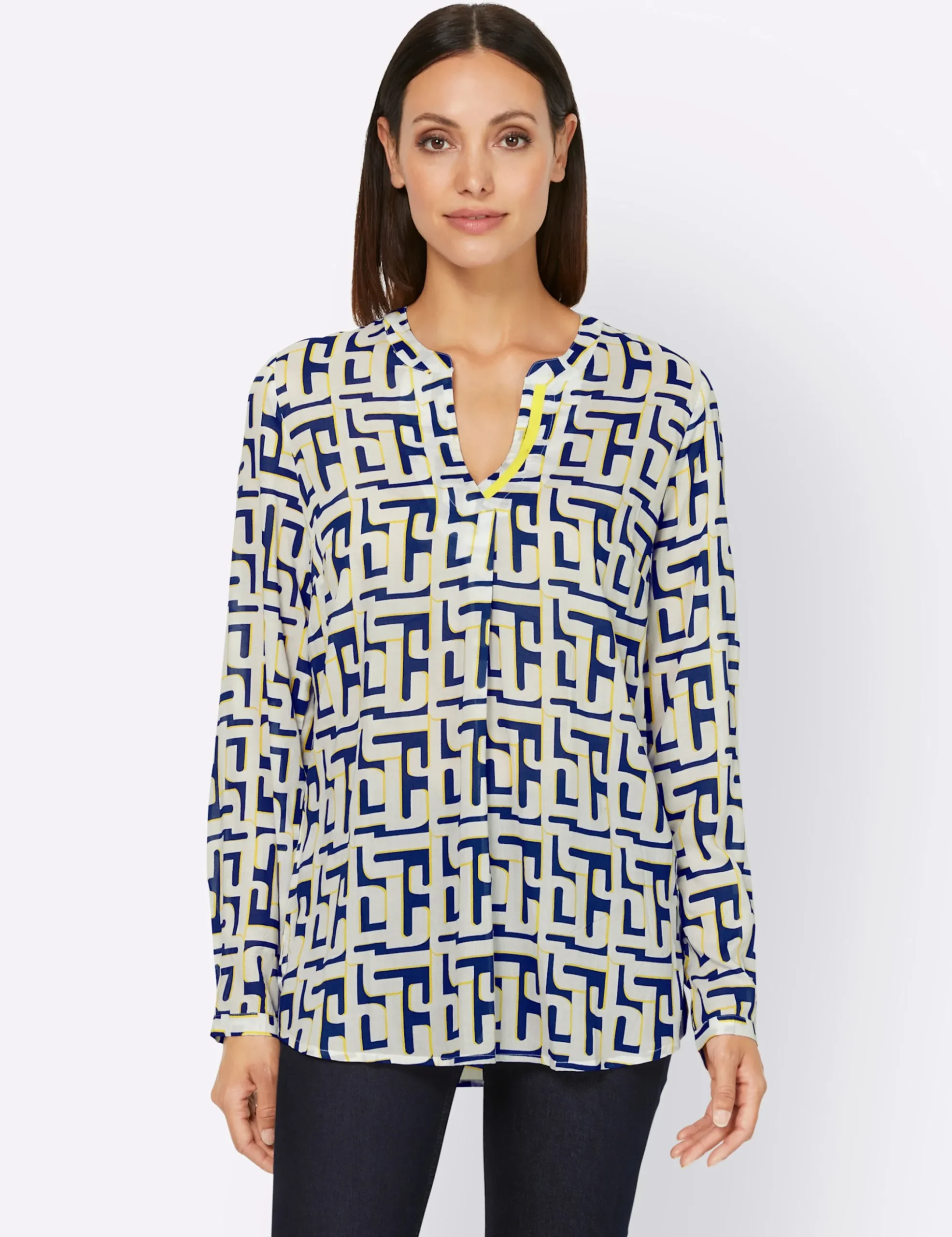 Blusen|heine Druckbluse mit Knopfmanschetten weiß-royalblau-bedruckt