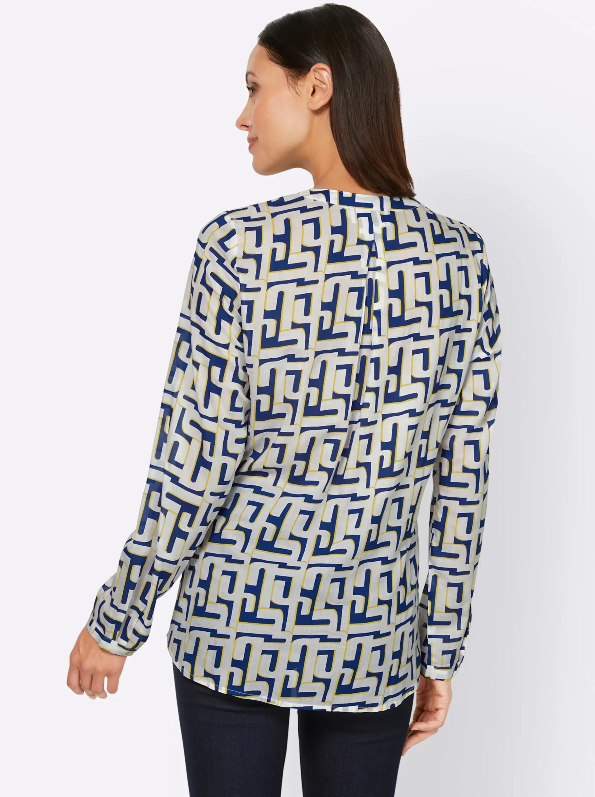 Blusen|heine Druckbluse mit Knopfmanschetten weiß-royalblau-bedruckt