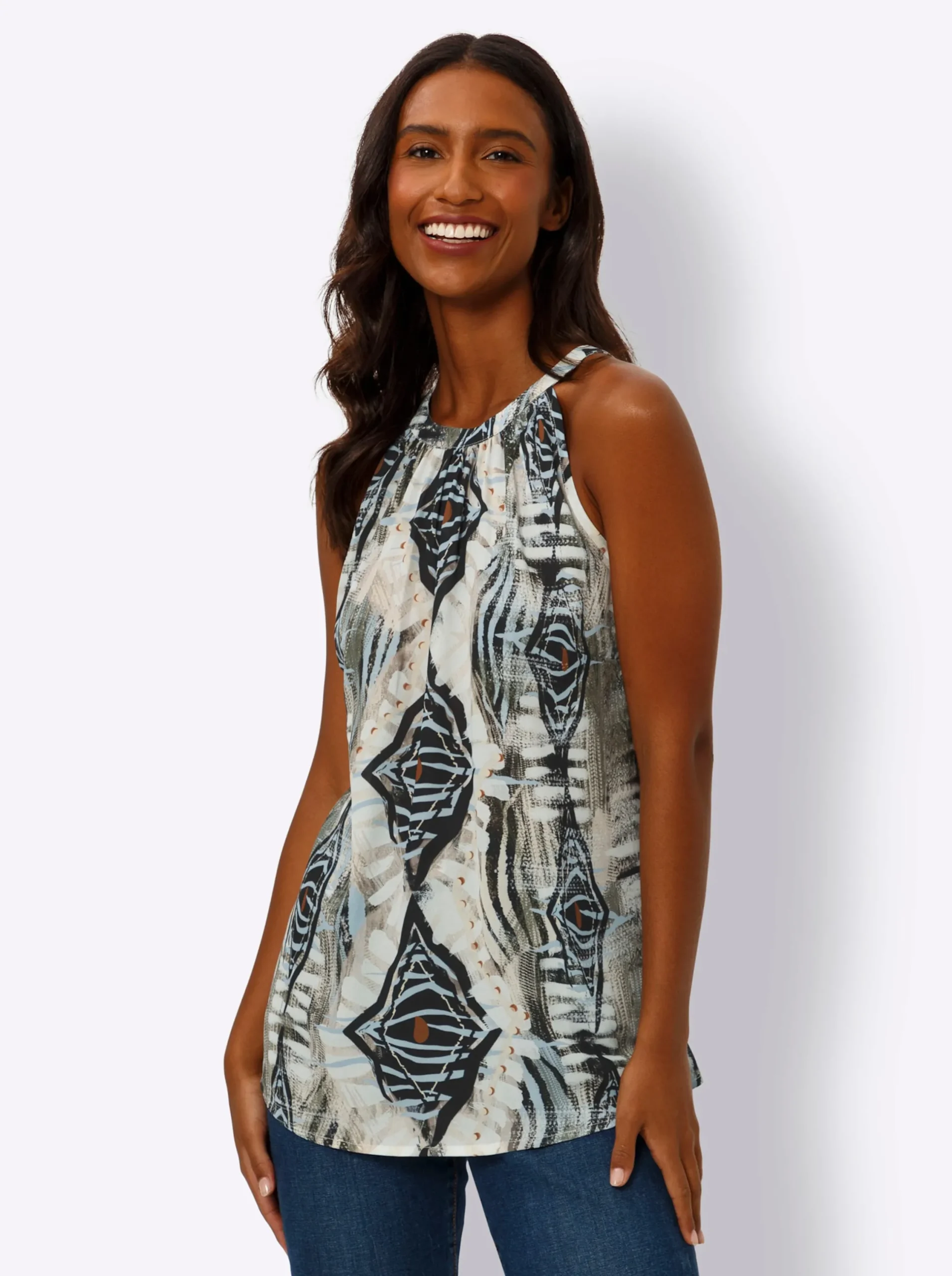 Blusen|heine Druckbluse mit Knopfverschluss hinten, bedruckt sand-hellblau-bedruckt