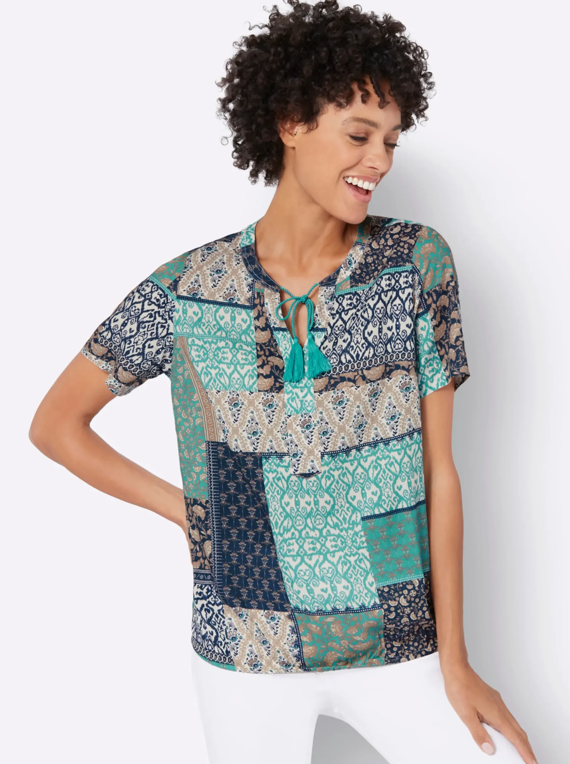 Blusen| Druckbluse mit Kordeln und Zierquasten ozean-rauchblau-bedruckt