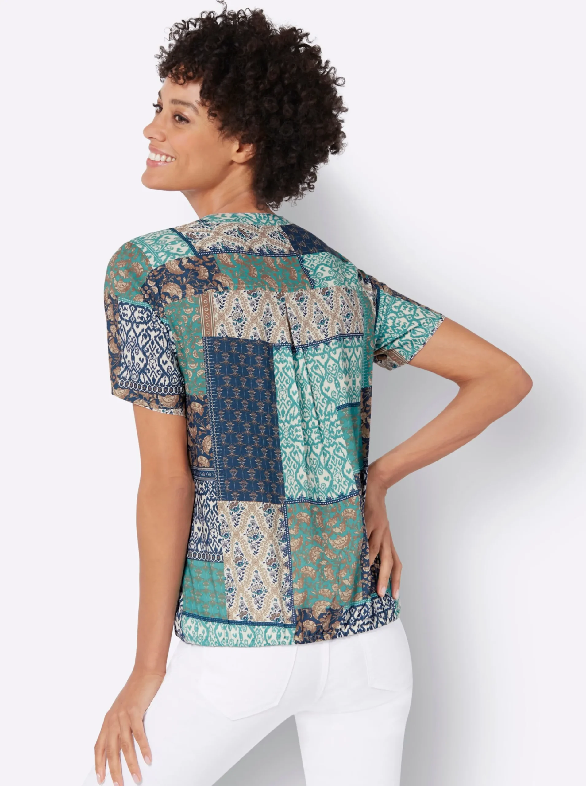Blusen| Druckbluse mit Kordeln und Zierquasten ozean-rauchblau-bedruckt