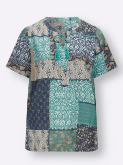 Blusen| Druckbluse mit Kordeln und Zierquasten ozean-rauchblau-bedruckt