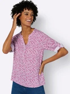 Blusen| Druckbluse mit krempelbaren Ärmeln magenta-ecru-bedruckt
