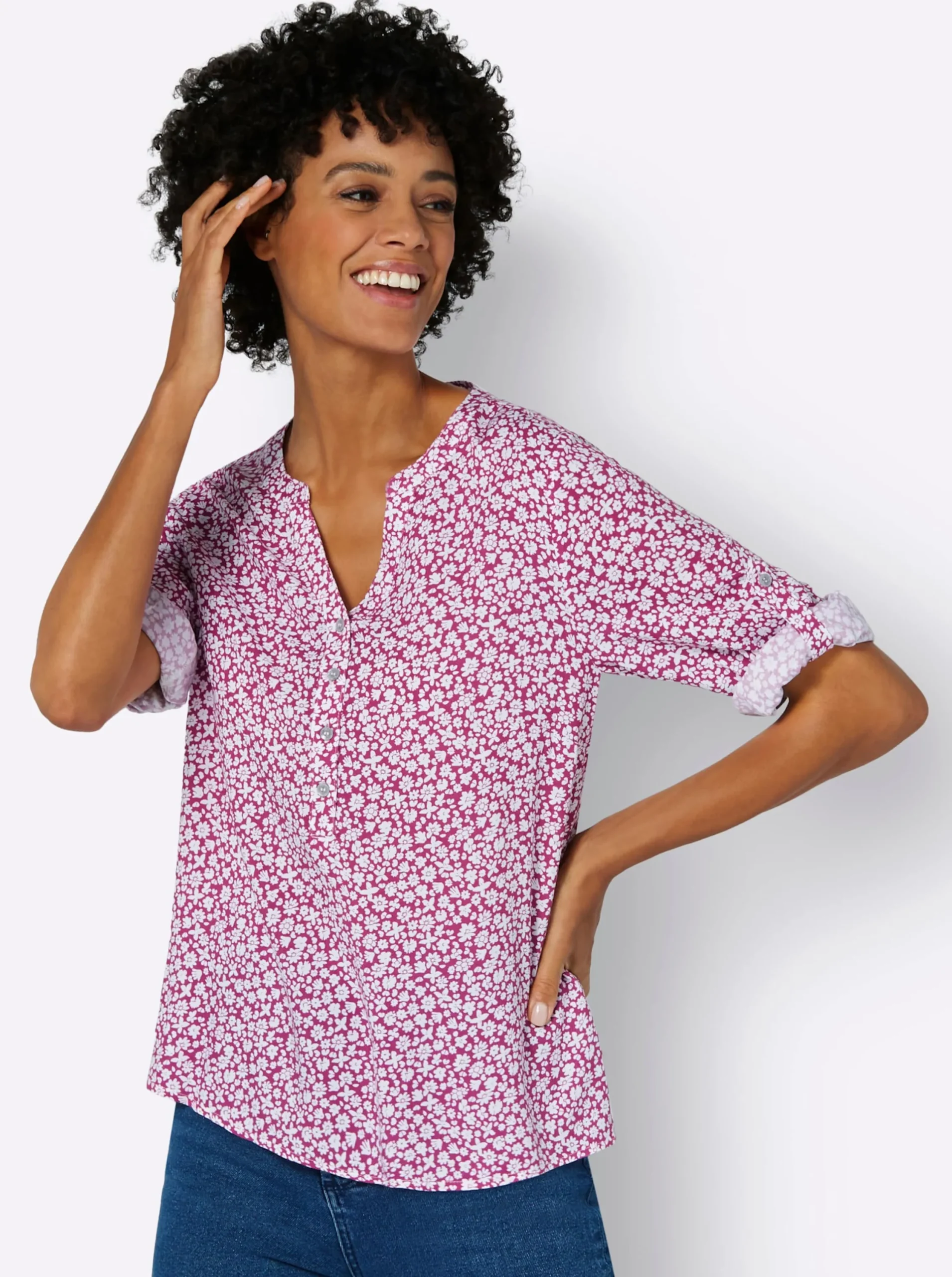 Blusen| Druckbluse mit krempelbaren Ärmeln magenta-ecru-bedruckt