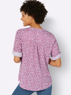 Blusen| Druckbluse mit krempelbaren Ärmeln magenta-ecru-bedruckt