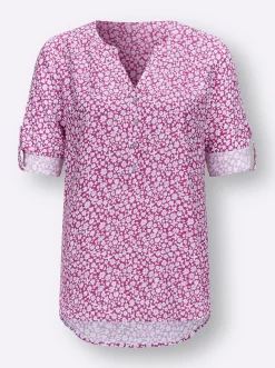 Blusen| Druckbluse mit krempelbaren Ärmeln magenta-ecru-bedruckt
