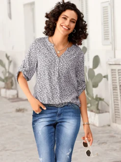 Blusen| Druckbluse mit krempelbaren Ärmeln ecru-grau-bedruckt