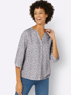 Blusen| Druckbluse mit krempelbaren Ärmeln ecru-grau-bedruckt