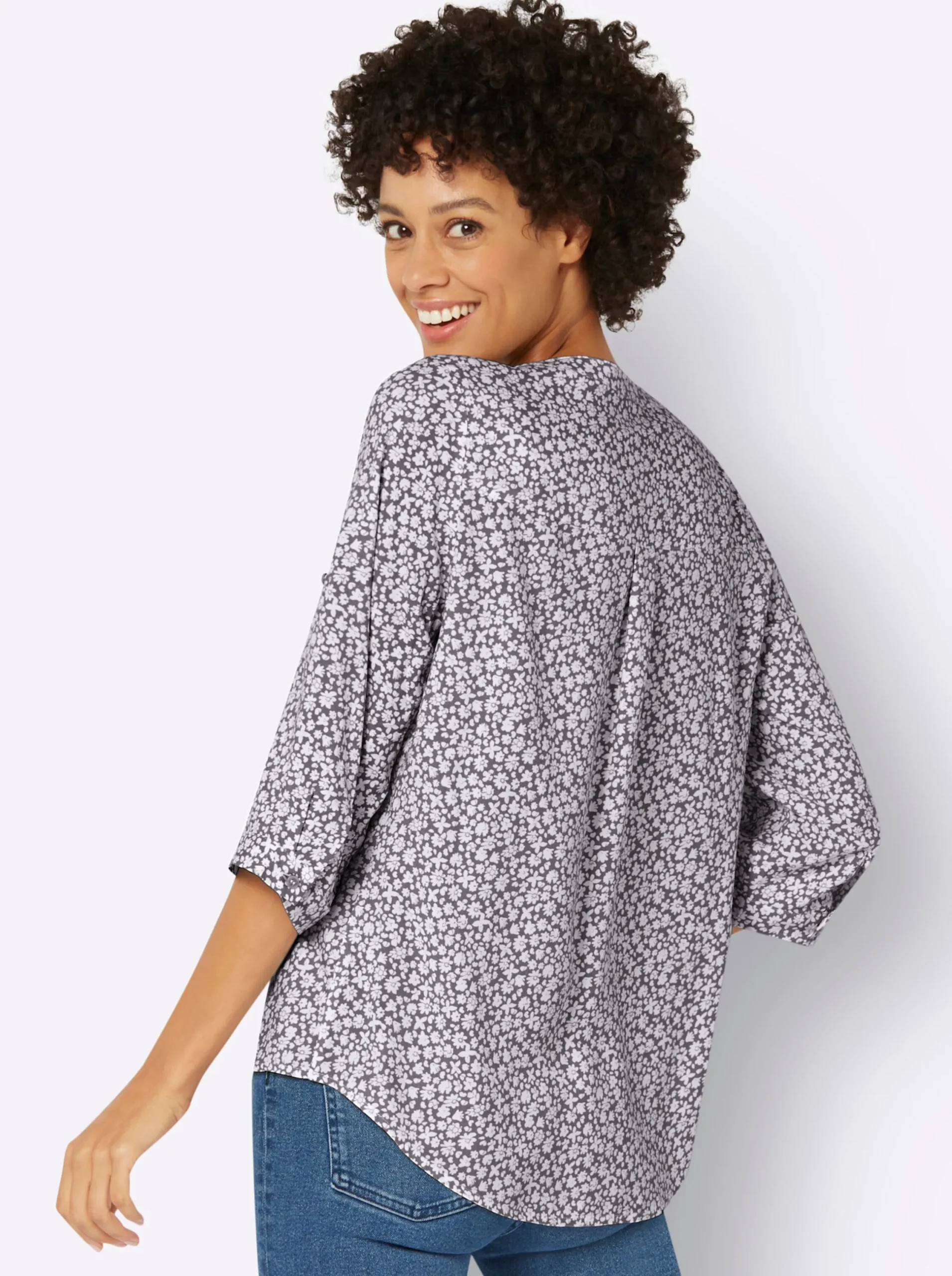 Blusen| Druckbluse mit krempelbaren Ärmeln ecru-grau-bedruckt