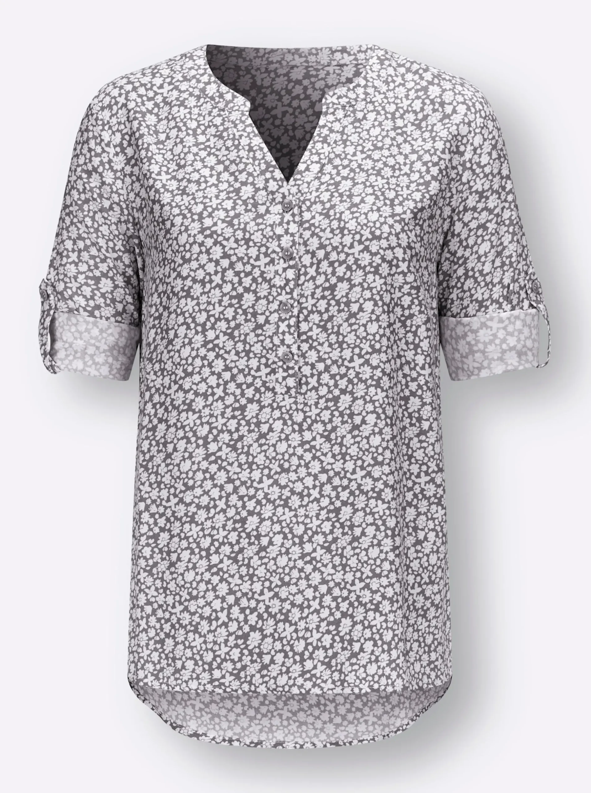Blusen| Druckbluse mit krempelbaren Ärmeln ecru-grau-bedruckt