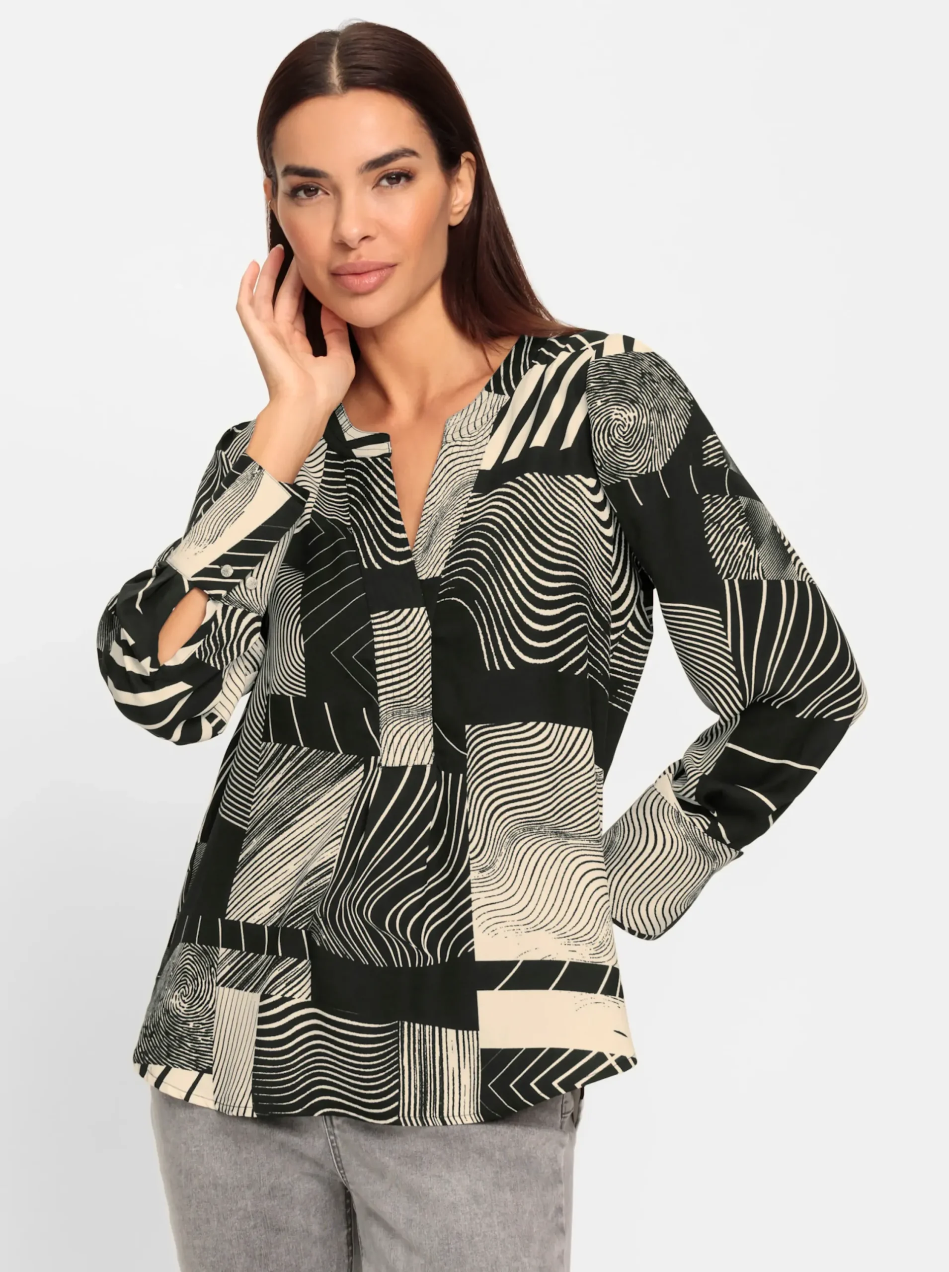Blusen|heine Druckbluse mit Langarm schwarz-ecru-bedruckt
