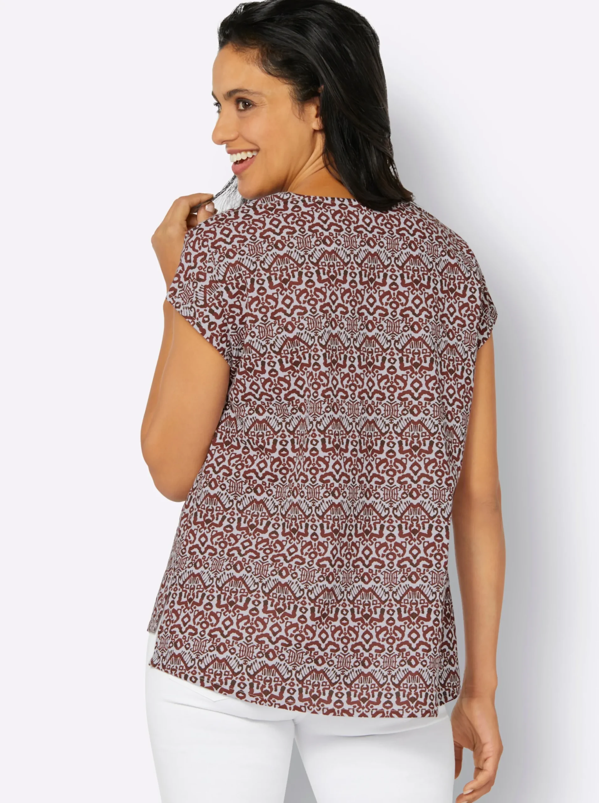 Blusen| Druckbluse mit Leinen-Anteil rotbraun-ecru-bedruckt