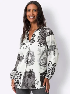 Blusen|heine Druckbluse mit Muster-Mix champagner-schwarz-bedruckt