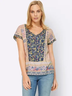 Strandmode|Blusen|heine Druckbluse mit Spitzeneinsätzen jeansblau-hellrosé-bedruckt