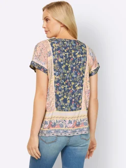 Strandmode|Blusen|heine Druckbluse mit Spitzeneinsätzen jeansblau-hellrosé-bedruckt