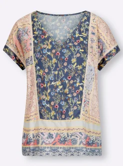 Strandmode|Blusen|heine Druckbluse mit Spitzeneinsätzen jeansblau-hellrosé-bedruckt