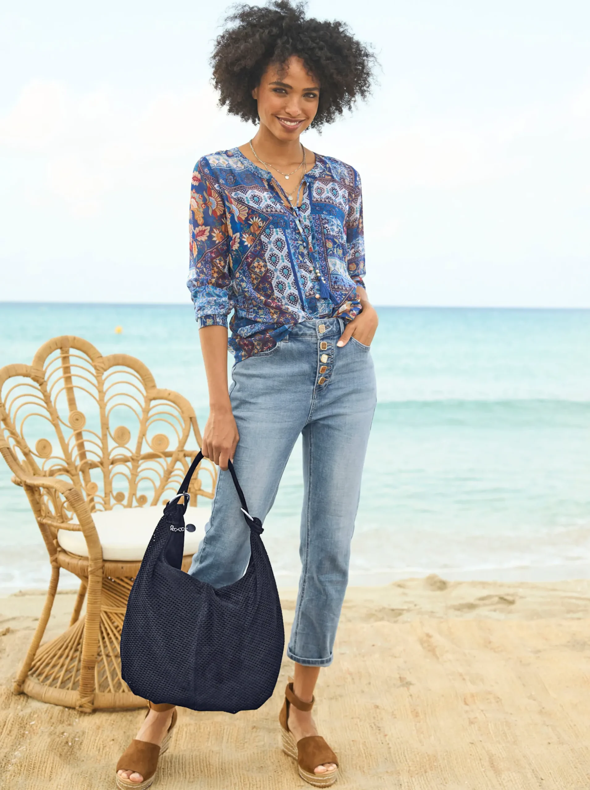 Blusen|heine Druckbluse mit Top marine-ocker-bedruckt