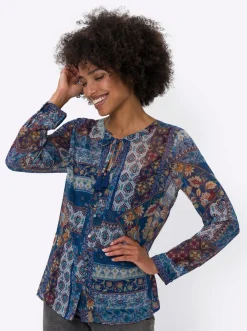 Blusen|heine Druckbluse mit Top marine-ocker-bedruckt