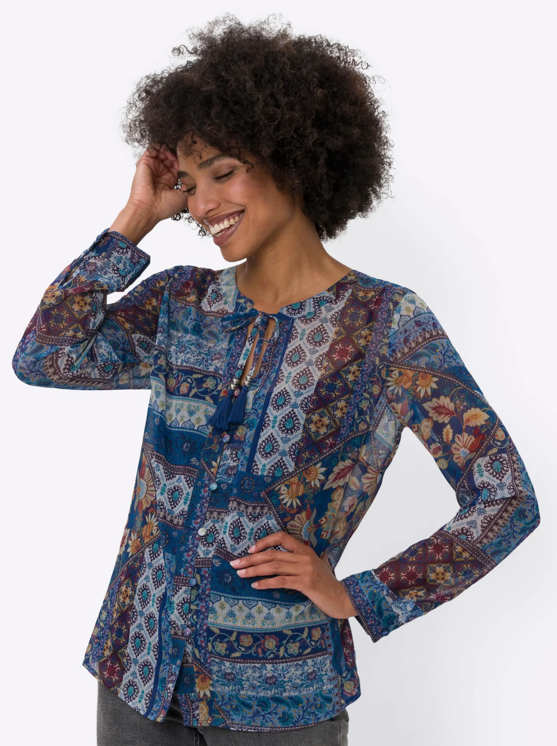 Blusen|heine Druckbluse mit Top marine-ocker-bedruckt