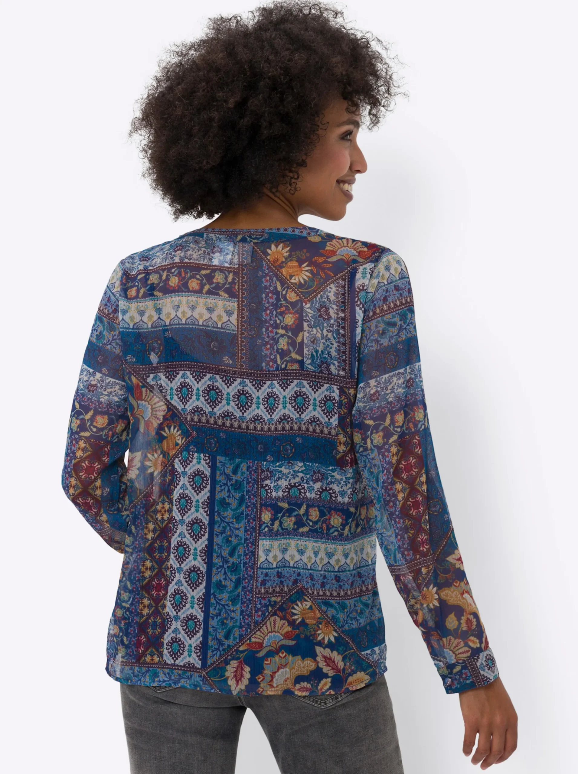 Blusen|heine Druckbluse mit Top marine-ocker-bedruckt