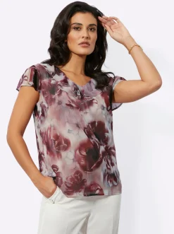 Blusen| Druckbluse mit Volant puder-dunkelrot-bedruckt