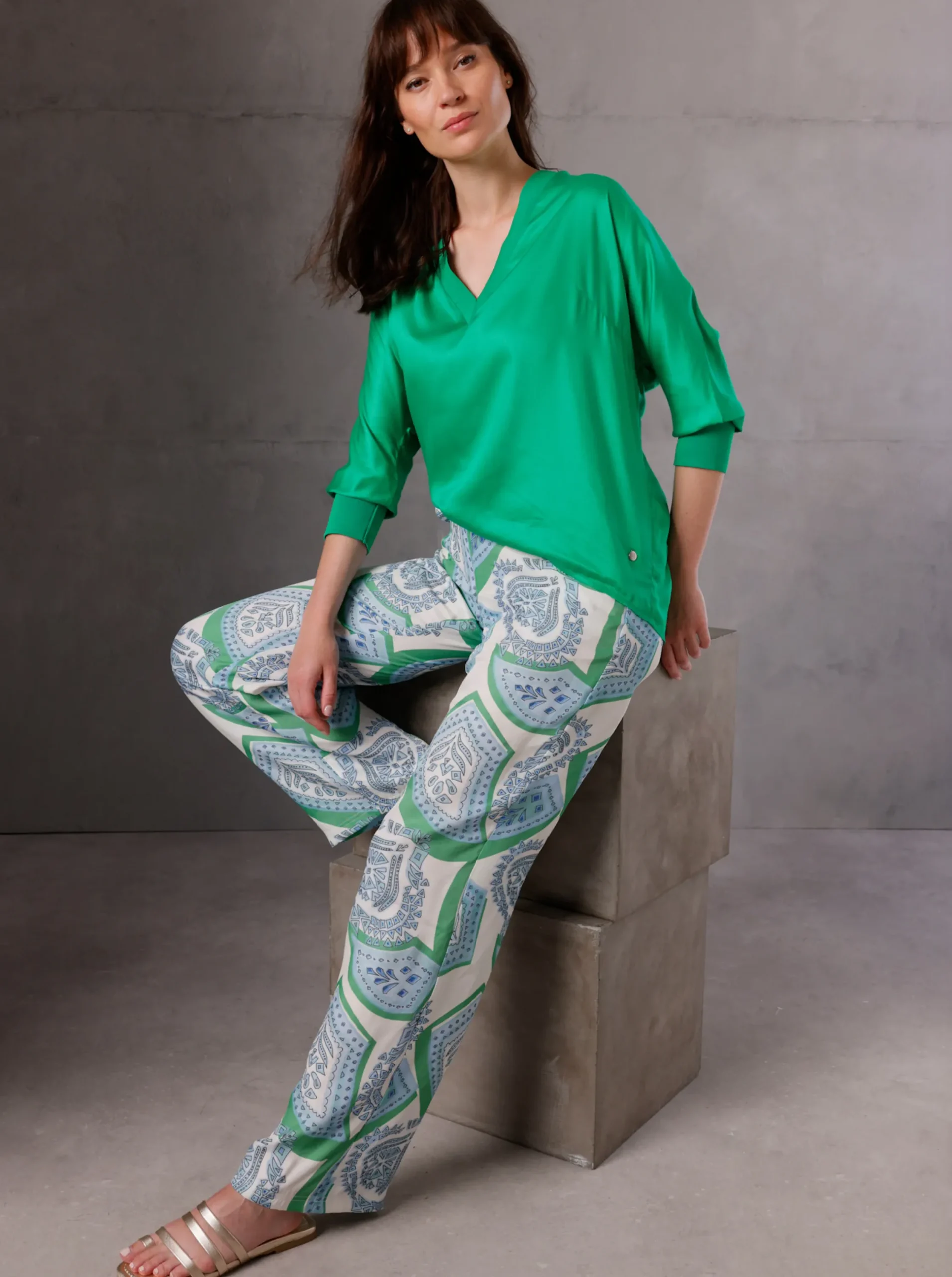 Hosen|CREATION L PREMIUM Druckhose mit Digitalprint weiß-hellblau-bedruckt