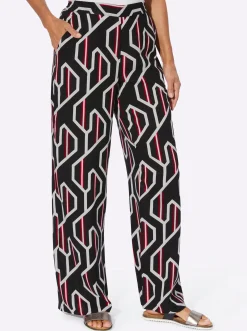 Hosen| Druckhose mit vorne glattem Schlupfbund schwarz-rot-bedruckt