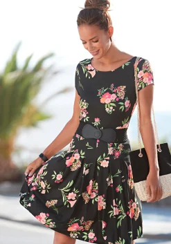 Strandkleider|Vivance Druckkleid schwarz-pink-bedruckt