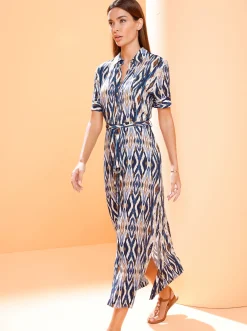 Kleider|heine Druck-Kleid royalblau-cognac-bedruckt