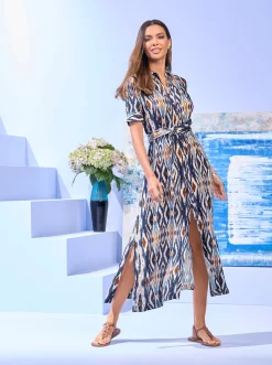 Kleider|heine Druck-Kleid royalblau-cognac-bedruckt
