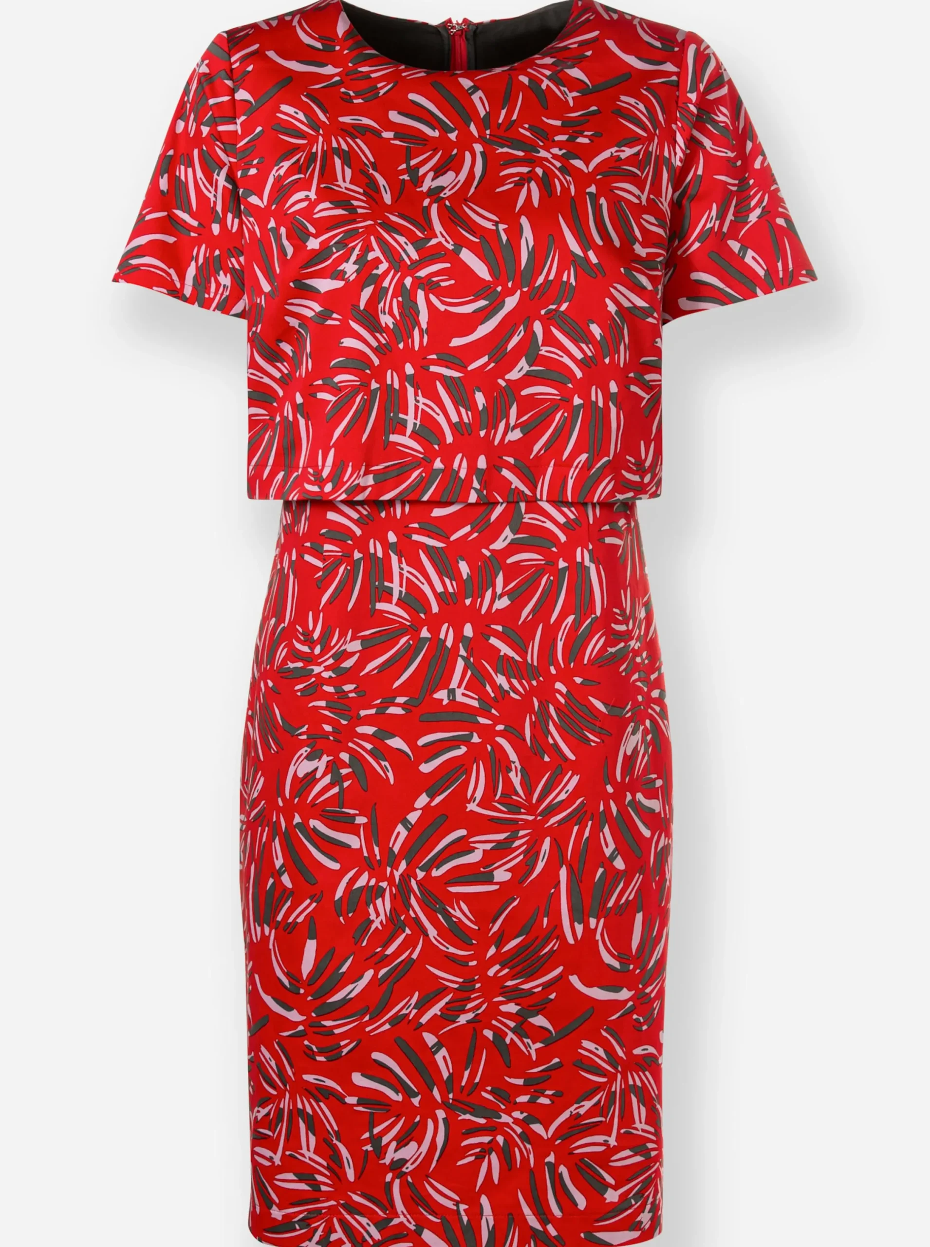 Abendkleider|Kleider| Druckkleid in Baumwoll-Webqualität rot-graphit-bedruckt