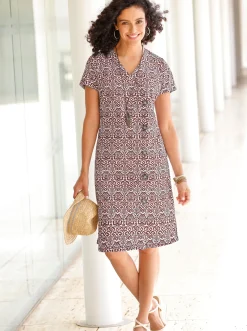 Kleider| Druckkleid mit asymmetrischer Zierknopfleiste rotbraun-ecru-bedruckt